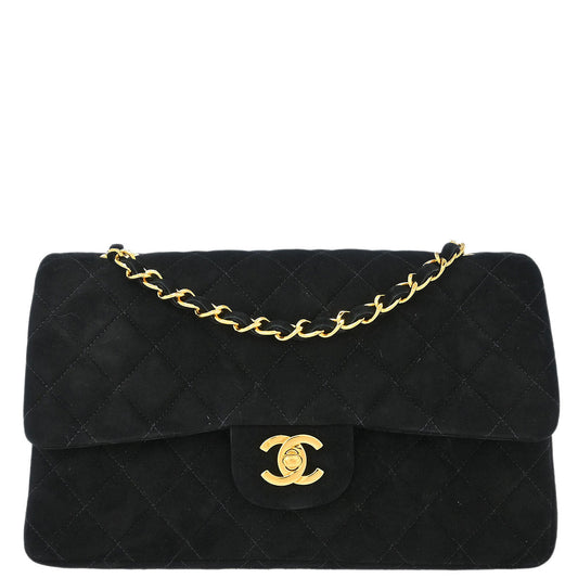 Chanel 1997-1999 Black Suede Medium Classic Double Flap Shoulder Bag