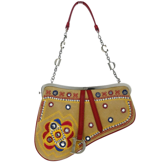 Christian Dior Beige Red Suede Saddle Handbag