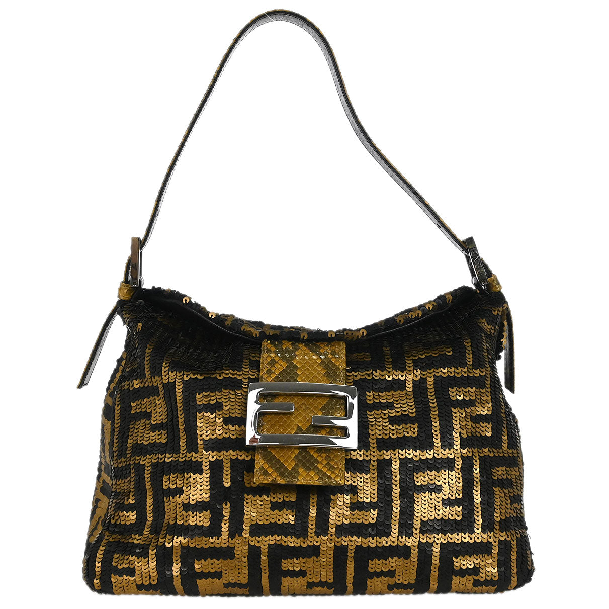 Fendi * Gold Black Sequins Zucca Mamma Baguette