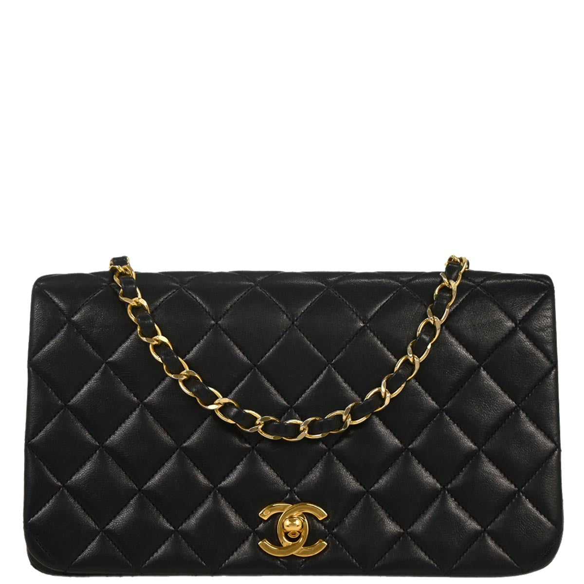 Chanel 1989-1991 Black Lambskin Turnlock Small Full Flap Shoulder Bag