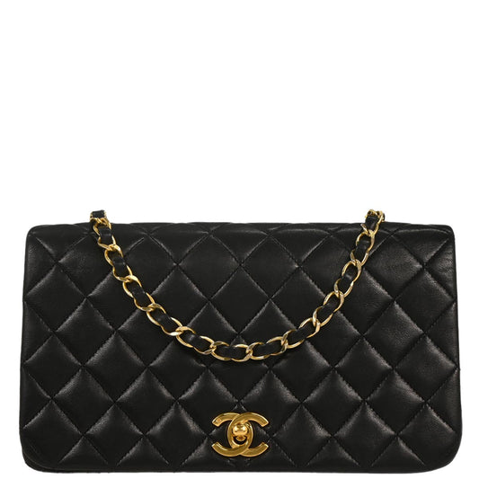Chanel 1989-1991 Black Lambskin Turnlock Small Full Flap Shoulder Bag