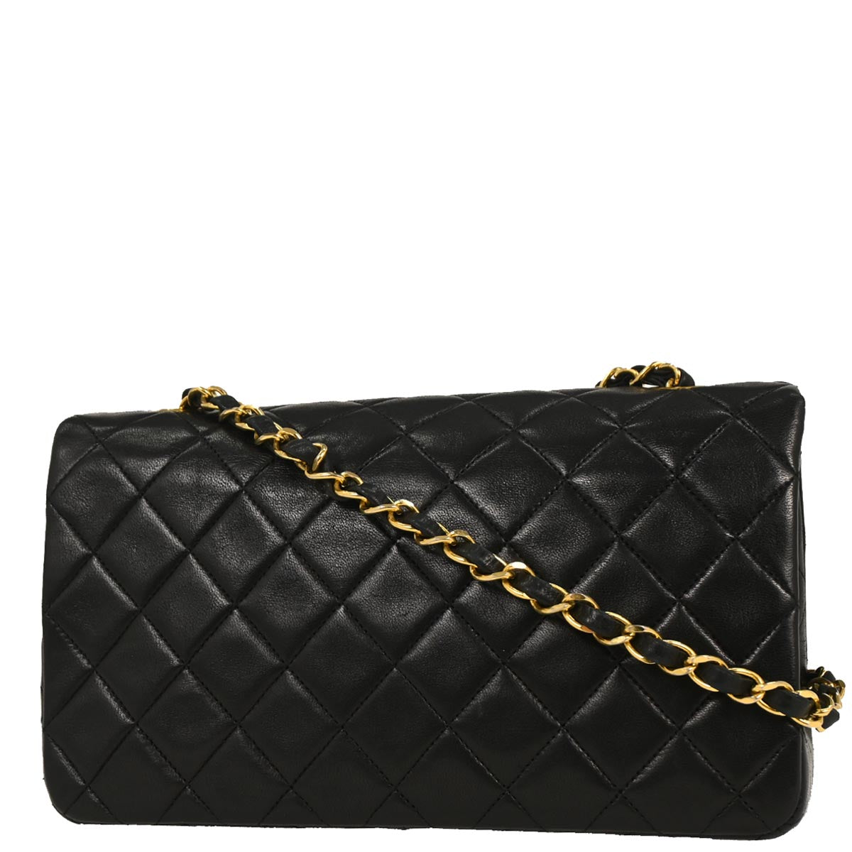 Chanel 1989-1991 Black Lambskin Turnlock Small Full Flap Shoulder Bag