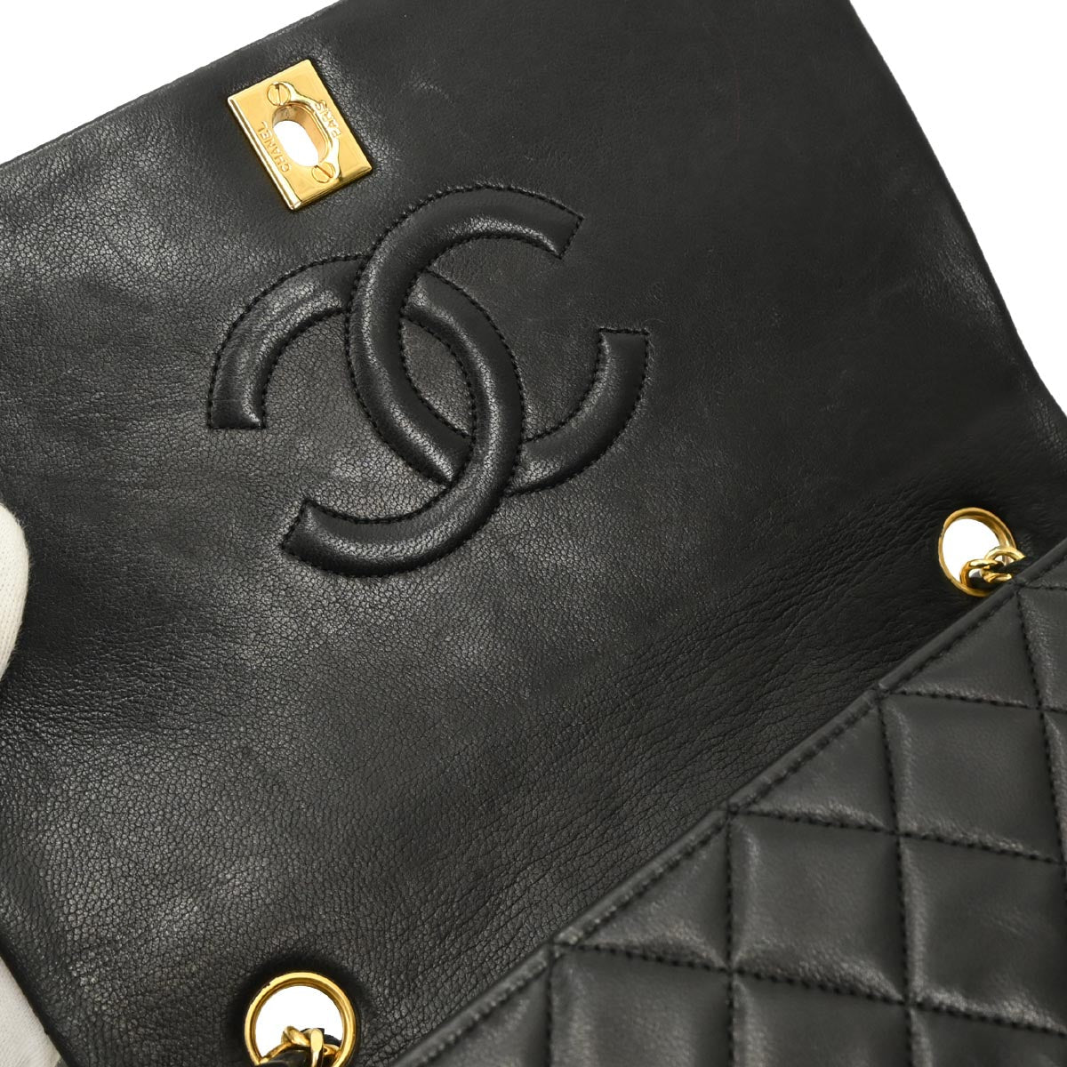 Chanel 1989-1991 Black Lambskin Turnlock Small Full Flap Shoulder Bag