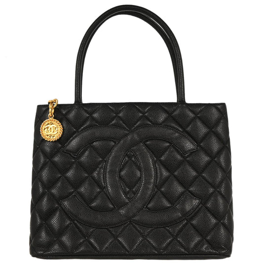 Chanel 2002-2003 Black Caviar Medallion Tote Handbag