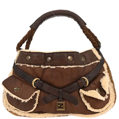 Fendi Brown Leather Zucchino Shearling Bag Handbag