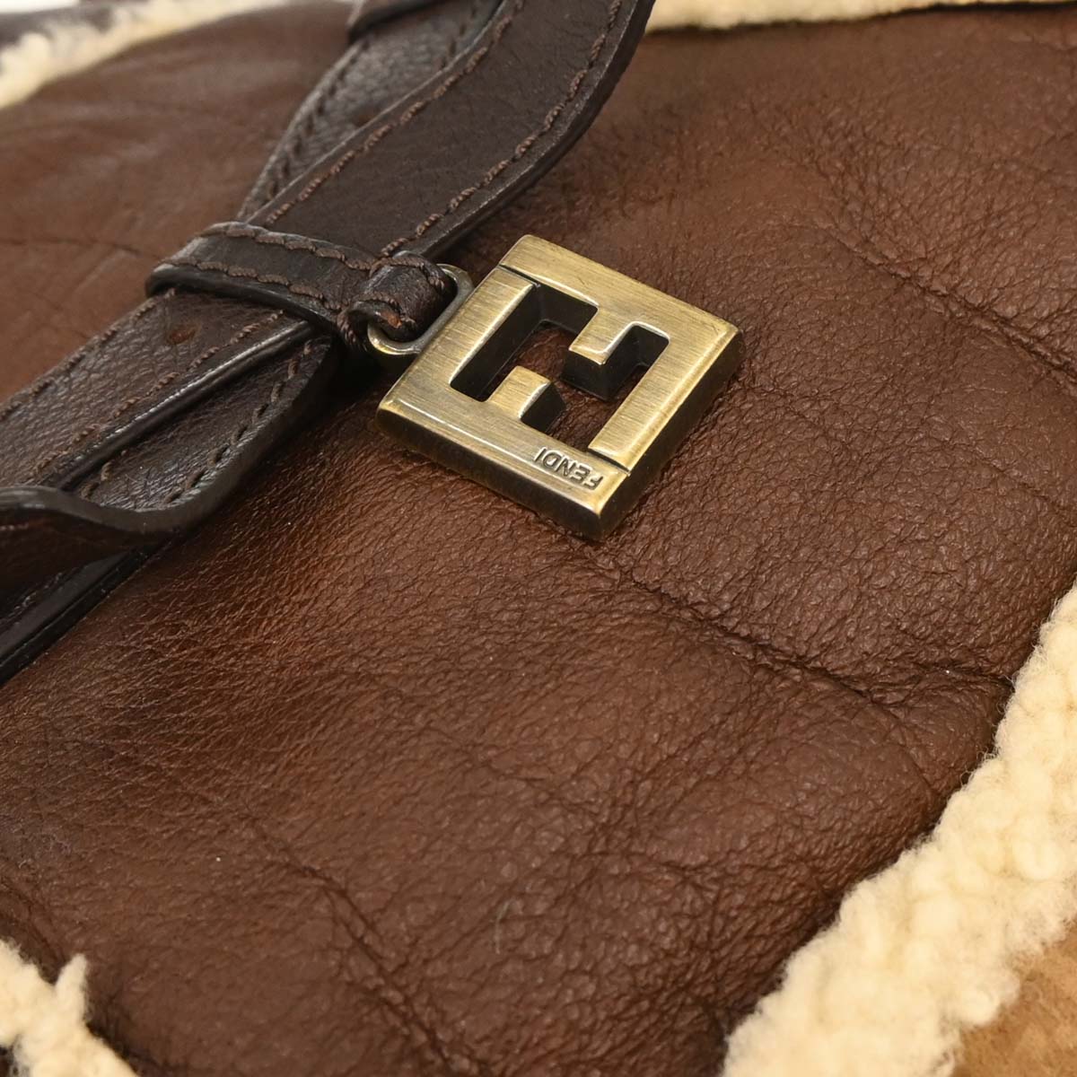 Fendi Brown Leather Zucchino Shearling Bag Handbag