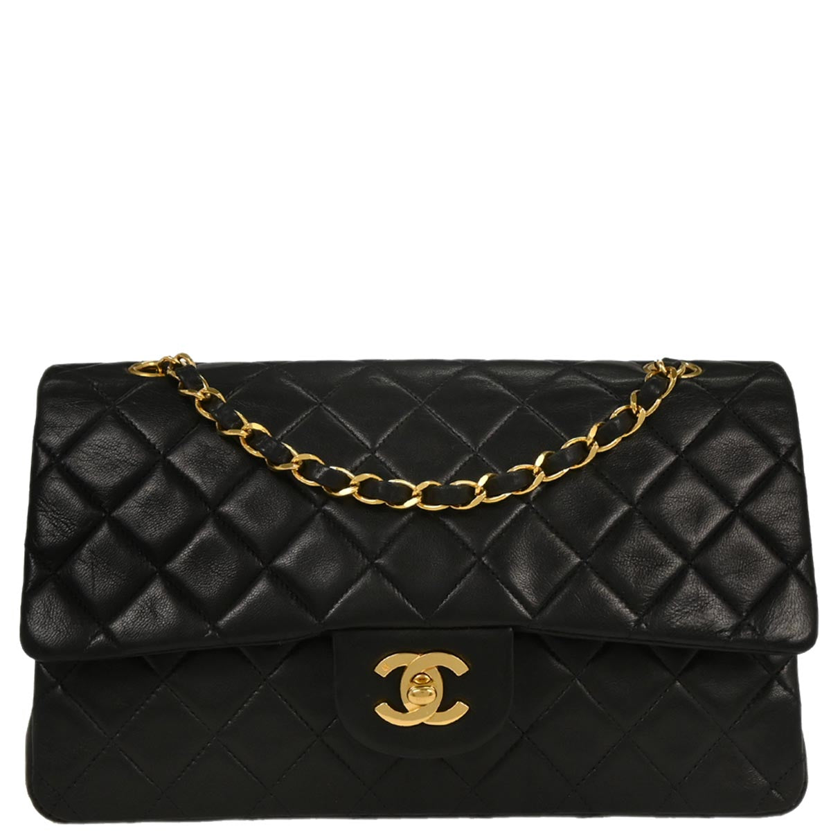 Chanel 1989-1991 Black Lambskin Medium Classic Double Flap Shoulder Bag