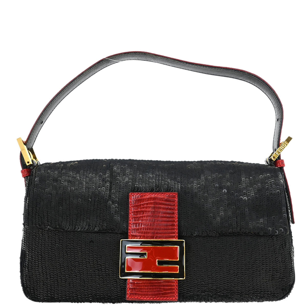 Fendi * Black Lizard Sequins Baguette Handbag