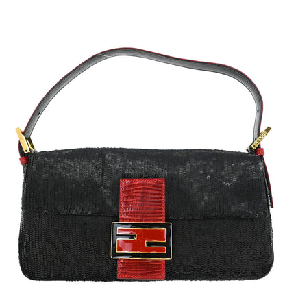 Fendi * Black Lizard Sequins Baguette Handbag