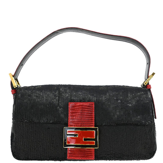 Fendi * Black Lizard Sequins Baguette Handbag