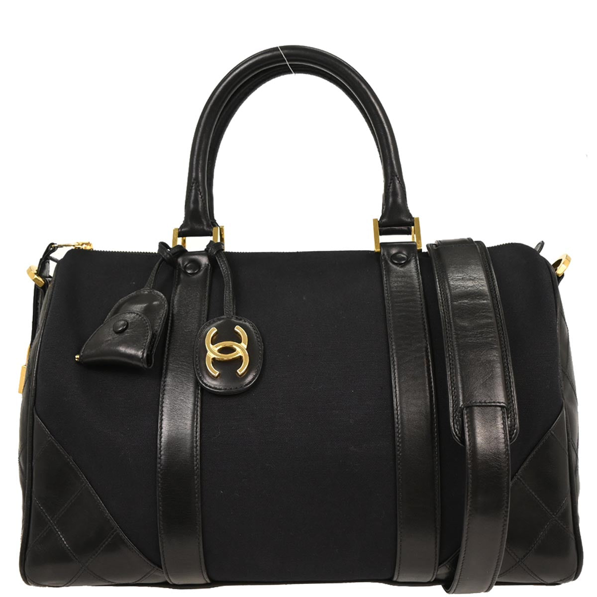 Chanel 1989-1991 Black Canvas Lambskin Bicolore 2way Shoulder Duffle Handbag