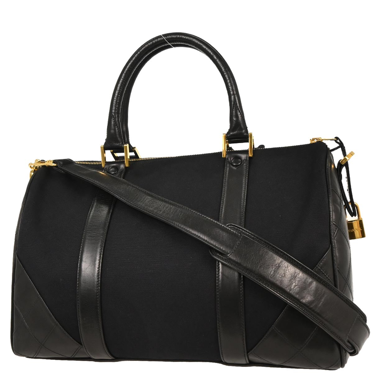 Chanel 1989-1991 Black Canvas Lambskin Bicolore 2way Shoulder Duffle Handbag