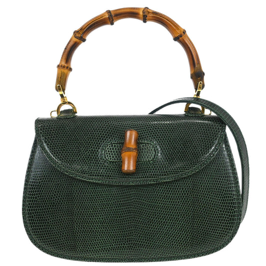 Gucci * Green Lizard Bamboo 2way Shoulder Handbag