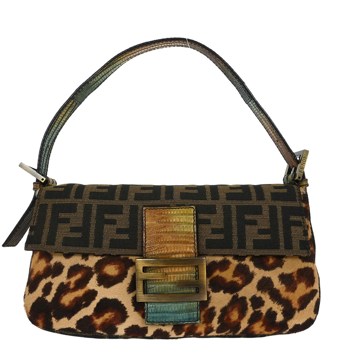 Fendi * Brown Pony Hair Lizard Zucca Baguette Handbag