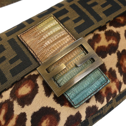 Fendi * Brown Pony Hair Lizard Zucca Baguette Handbag