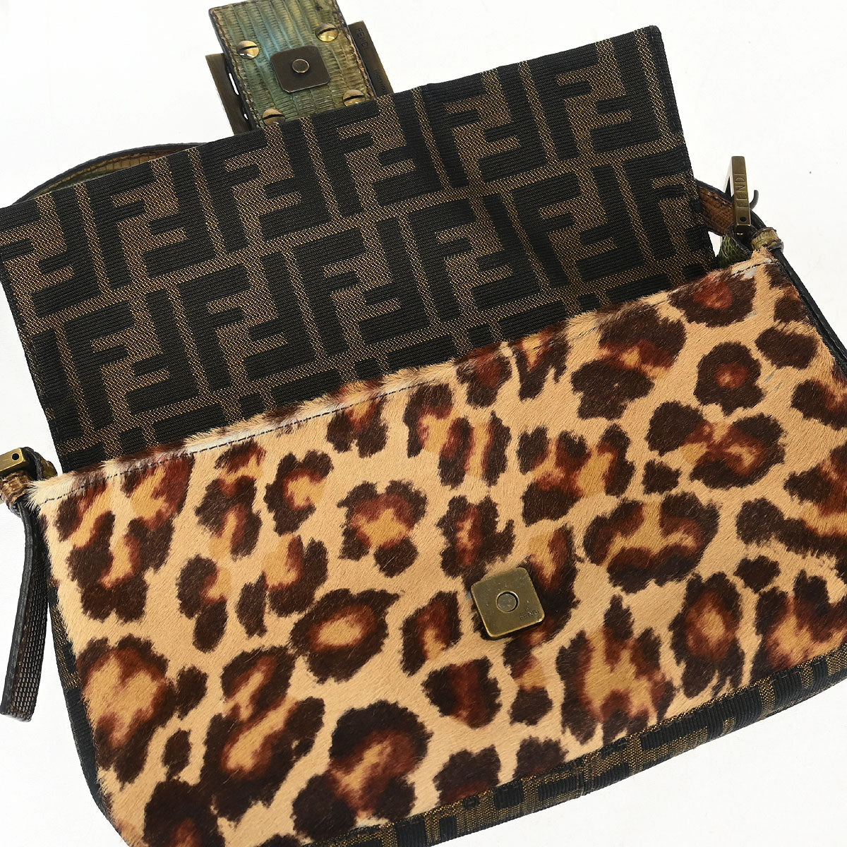 Fendi * Brown Pony Hair Lizard Zucca Baguette Handbag