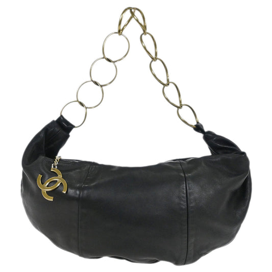 Chanel 2001-2003 Black Lambskin Half Moon Ring Chain Hobo Handbag