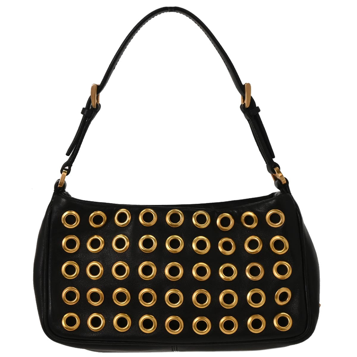 Prada Black Leather Metal Grommet Handbag