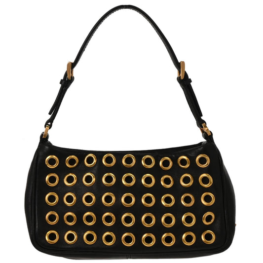 Prada Black Leather Metal Grommet Handbag