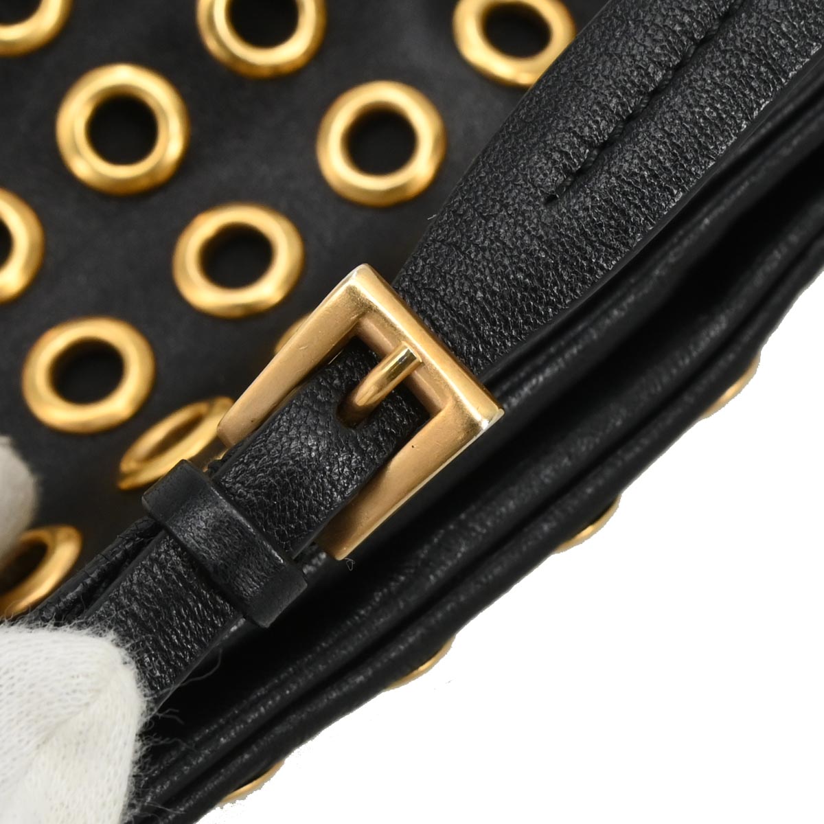 Prada Black Leather Metal Grommet Handbag