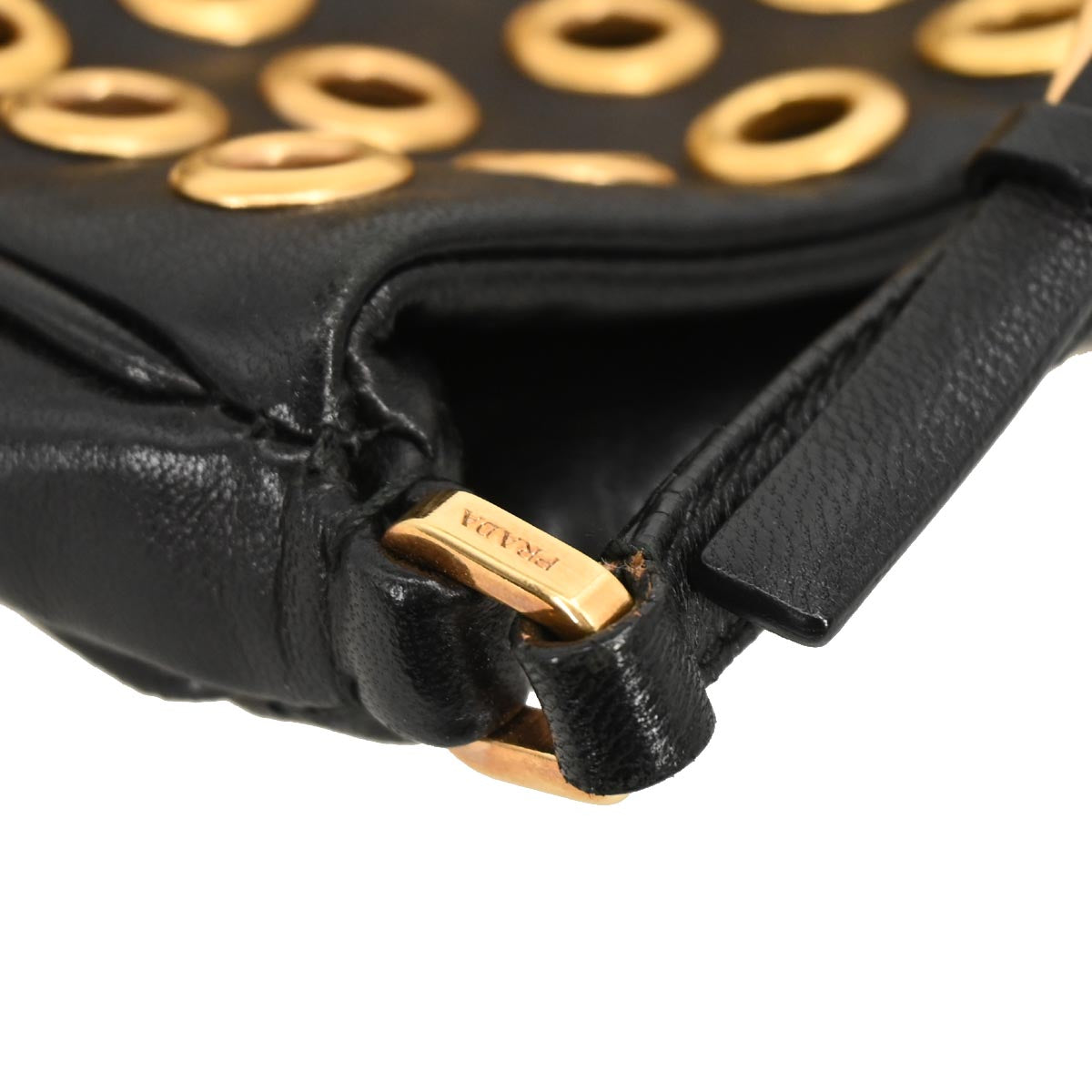 Prada Black Leather Metal Grommet Handbag