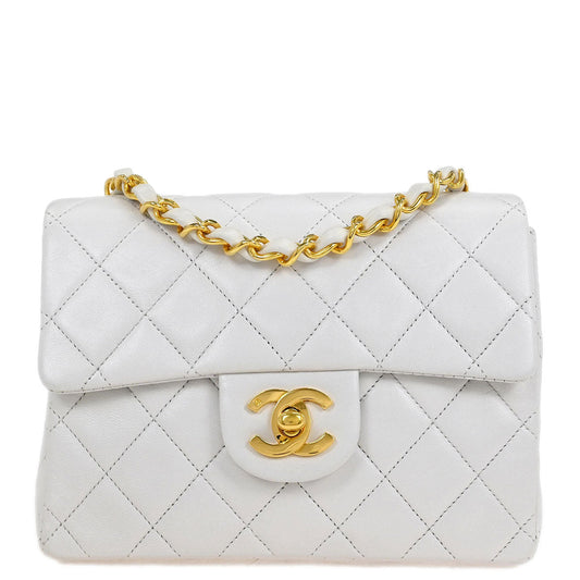 Chanel 1989-1991 White Lambskin Mini Classic Square Flap Shoulder Bag