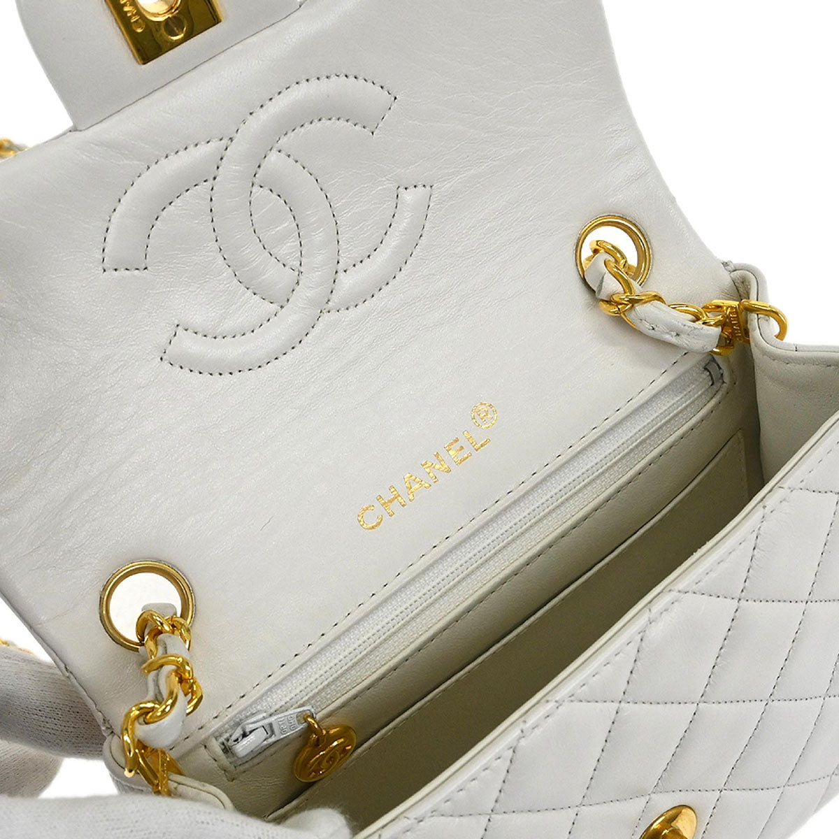 Chanel 1989-1991 White Lambskin Mini Classic Square Flap Shoulder Bag