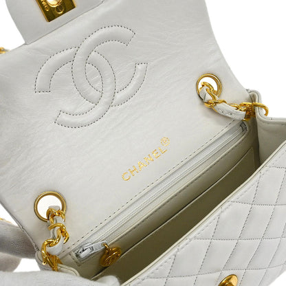 Chanel 1989-1991 White Lambskin Mini Classic Square Flap Shoulder Bag