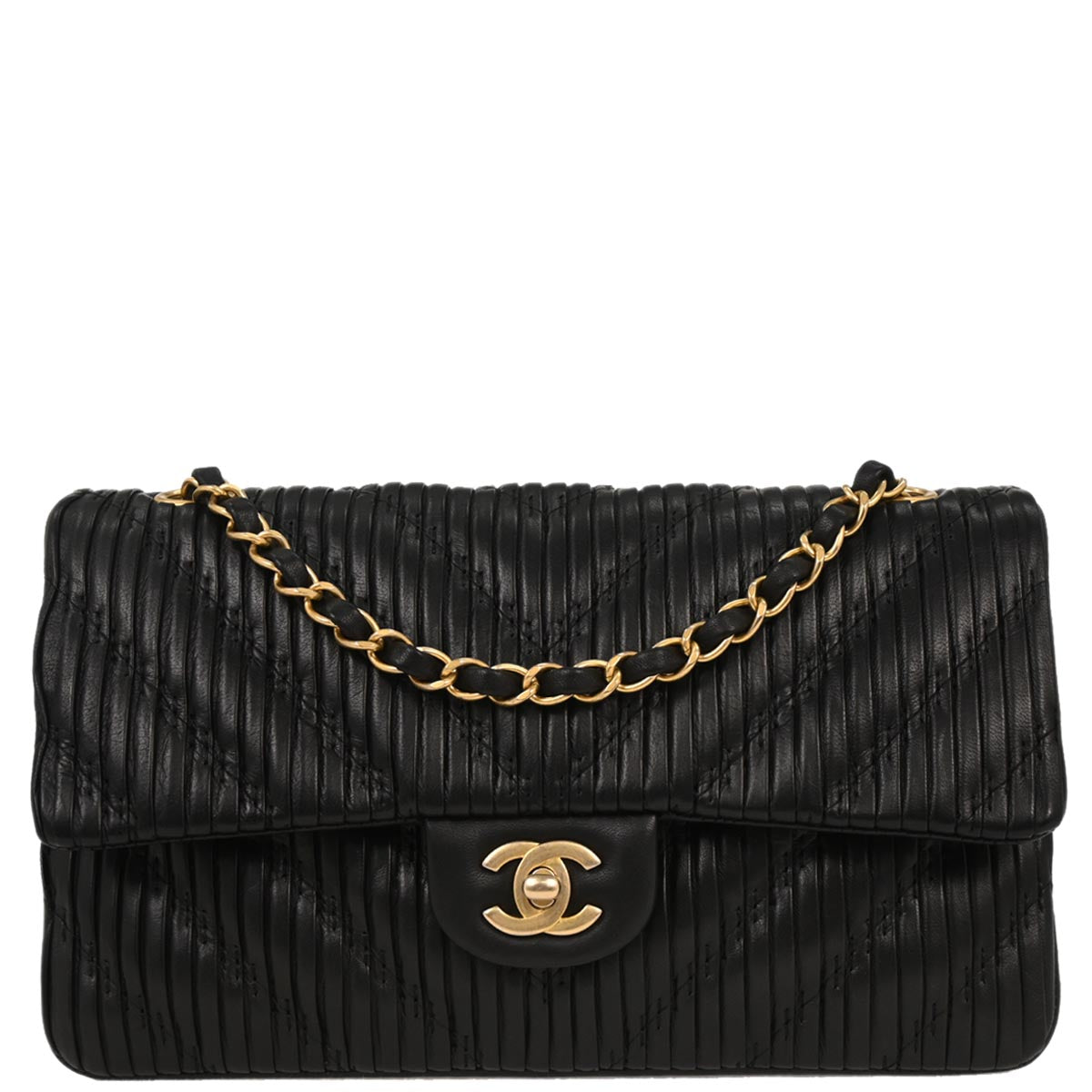 Chanel 2018 Black Calfskin Chevron Coco Pleats Medium Classic Double Flap Bag