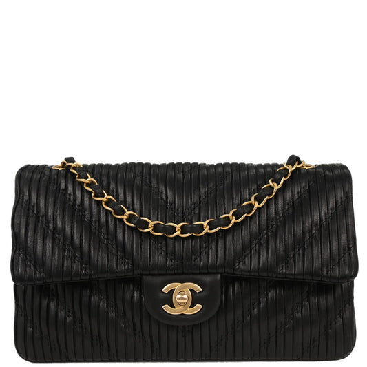 Chanel 2018 Black Calfskin Chevron Coco Pleats Medium Classic Double Flap Bag