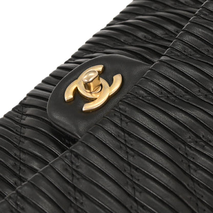 Chanel 2018 Black Calfskin Chevron Coco Pleats Medium Classic Double Flap Bag