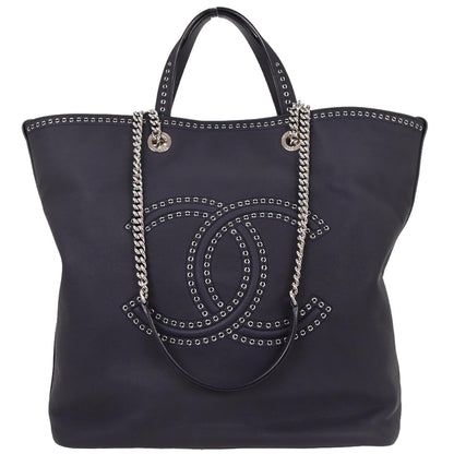 Chanel 2019 Navy Caviar Coco Eyelets Large Shopping Tote Bag