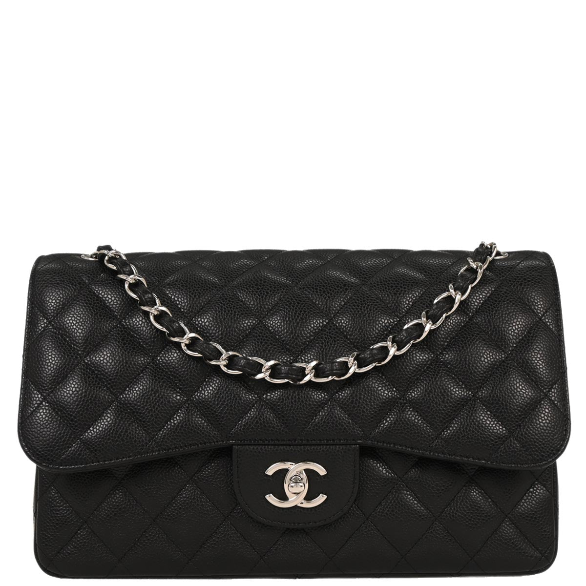 Chanel 2014 Black Caviar Jumbo Classic Double Flap Shoulder Bag