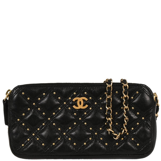 Chanel 2018-2019 Black Lambskin Studded WOC Wallet on Chain Shoulder Bag