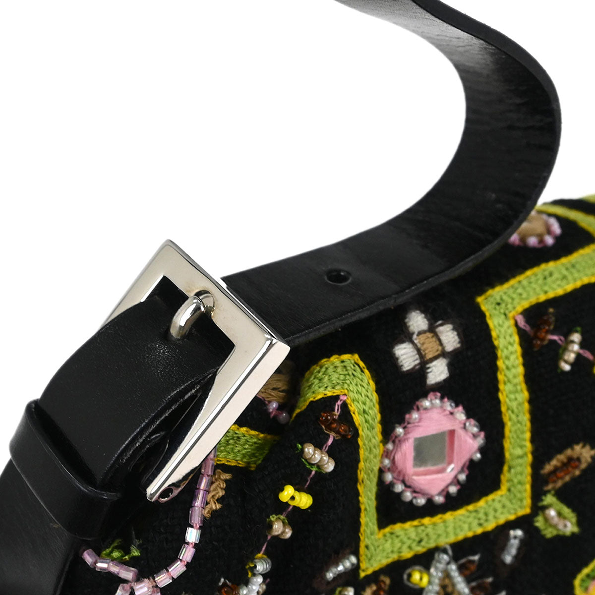 Fendi Black Cotton Beaded Embroidered Baguette Handbag