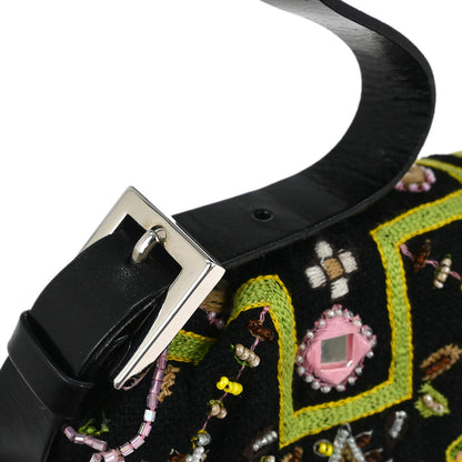 Fendi Black Cotton Beaded Embroidered Baguette Handbag