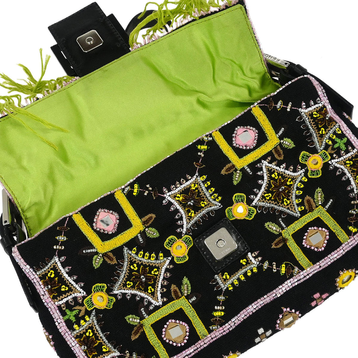 Fendi Black Cotton Beaded Embroidered Baguette Handbag