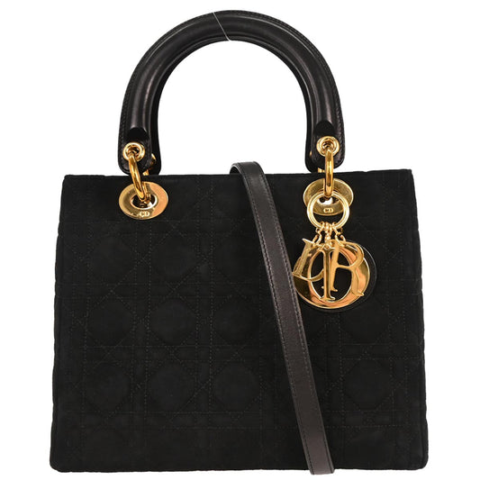 Christian Dior Black Suede Medium Lady Dior Cannage 2way Shoulder Handbag