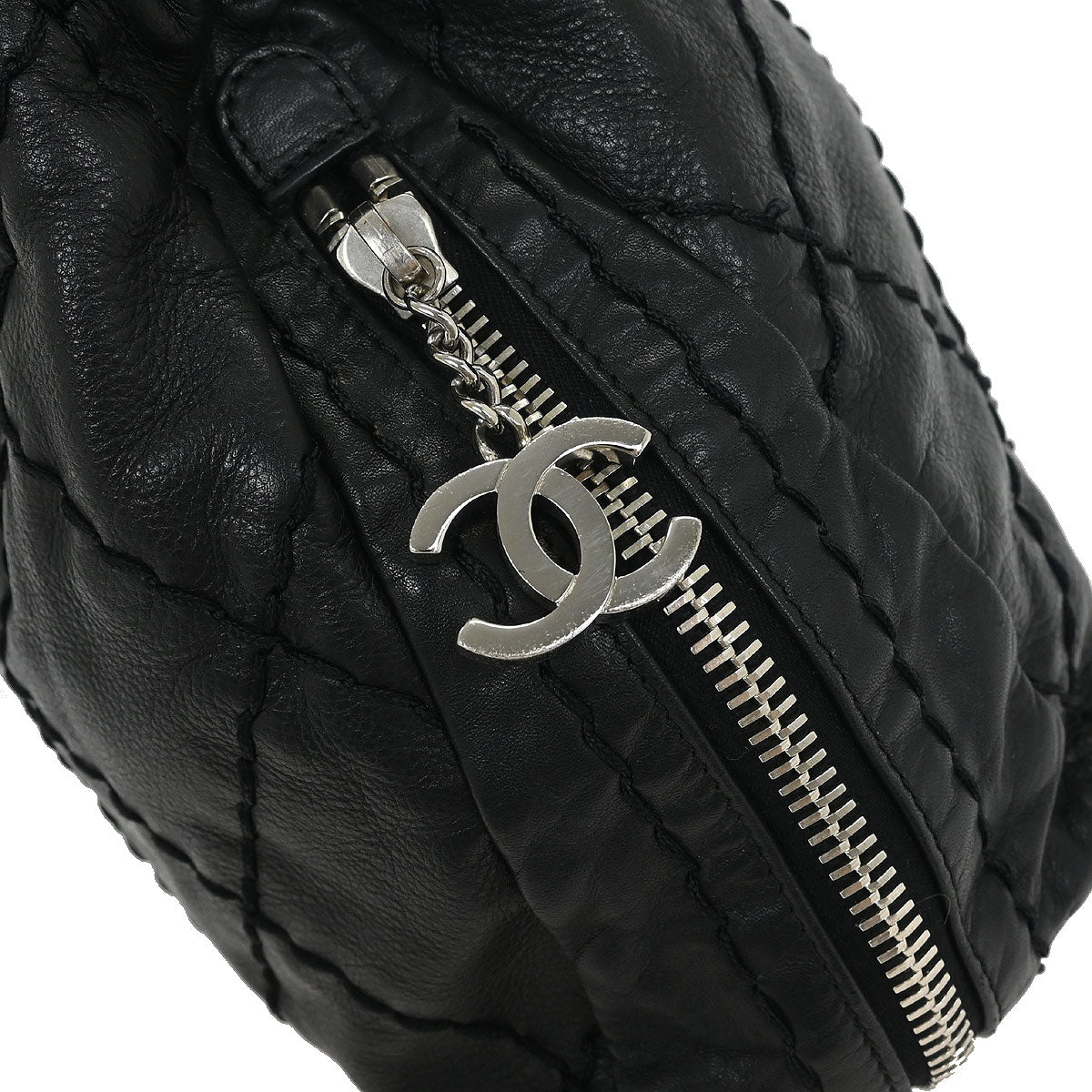 Chanel Black Calfskin Wild Stitch Expandable Zip Around Frame Bag