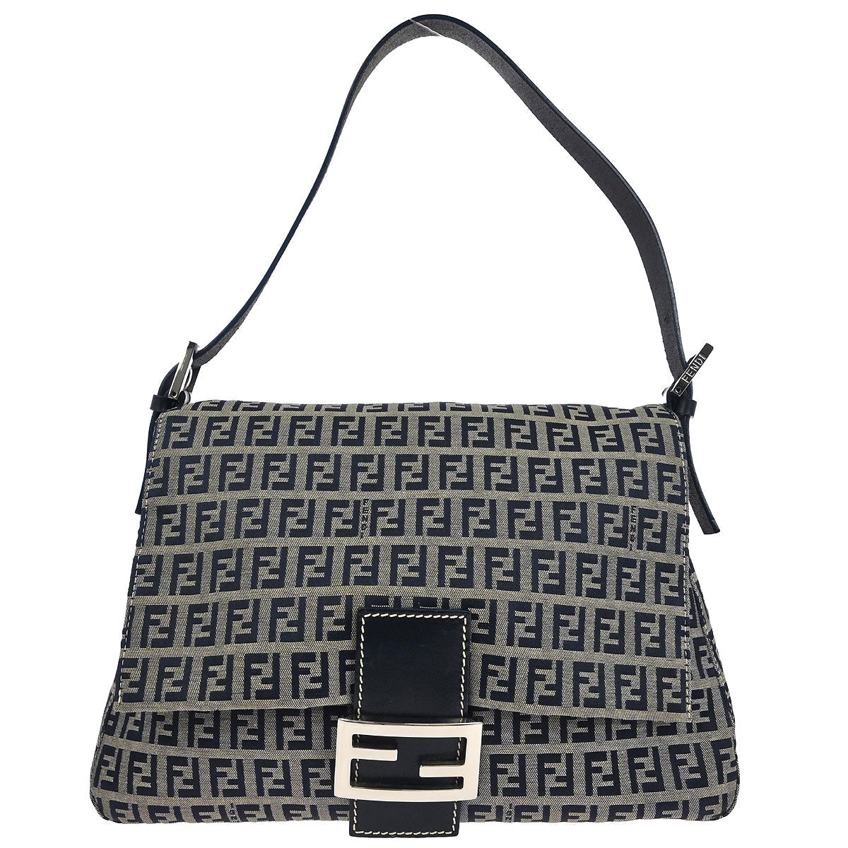 Fendi Navy Gray Canvas Zucchino Mamma Baguette Handbag