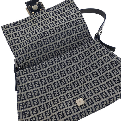 Fendi Navy Gray Canvas Zucchino Mamma Baguette Handbag