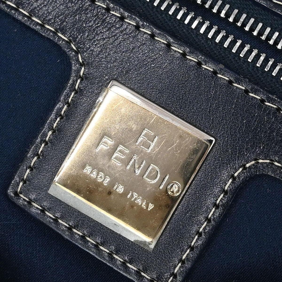 Fendi Navy Gray Canvas Zucchino Mamma Baguette Handbag