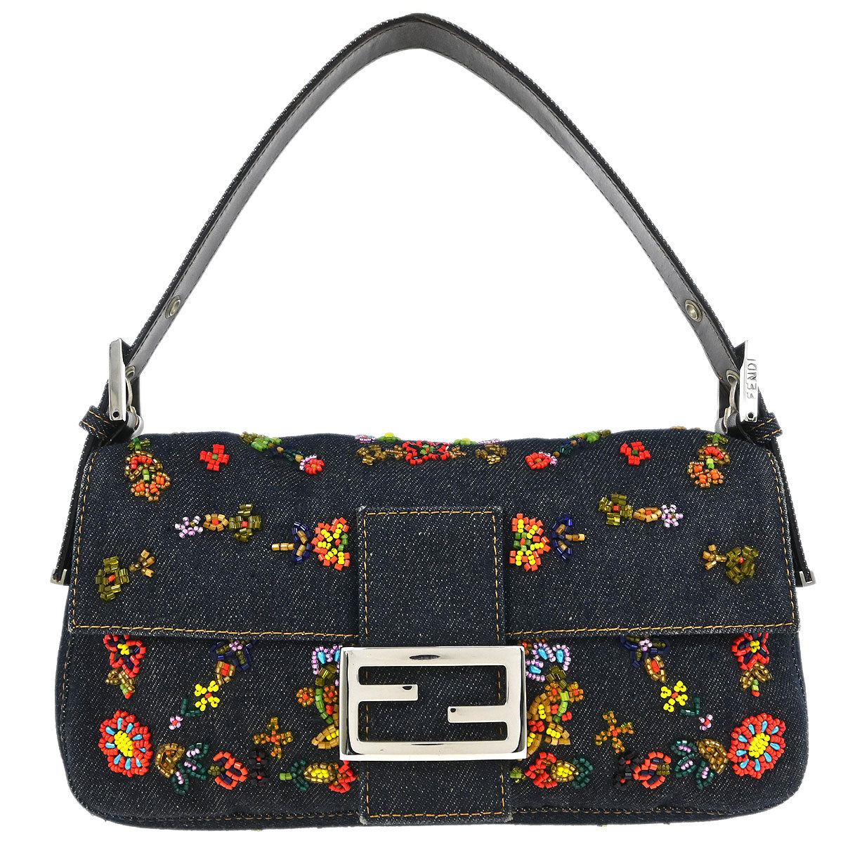 Fendi Navy Denim Beaded Baguette Handbag
