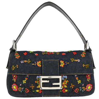 Fendi Navy Denim Beaded Baguette Handbag