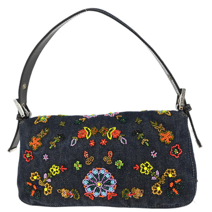 Fendi Navy Denim Beaded Baguette Handbag