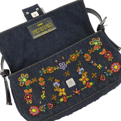 Fendi Navy Denim Beaded Baguette Handbag