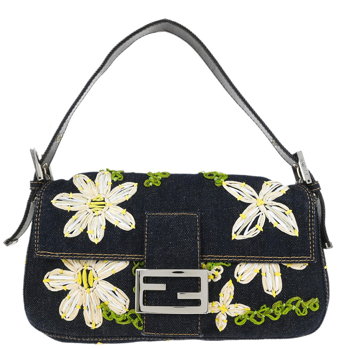 Fendi Navy Denim Flower Embroidered Baguette Handbag