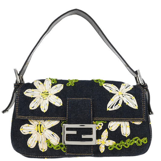 Fendi Navy Denim Flower Embroidered Baguette Handbag