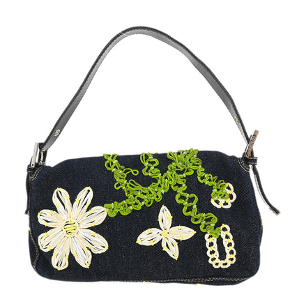 Fendi Navy Denim Flower Embroidered Baguette Handbag