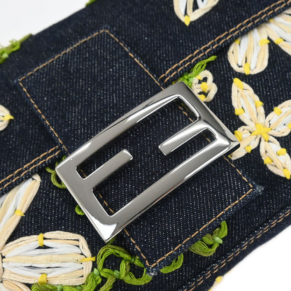 Fendi Navy Denim Flower Embroidered Baguette Handbag